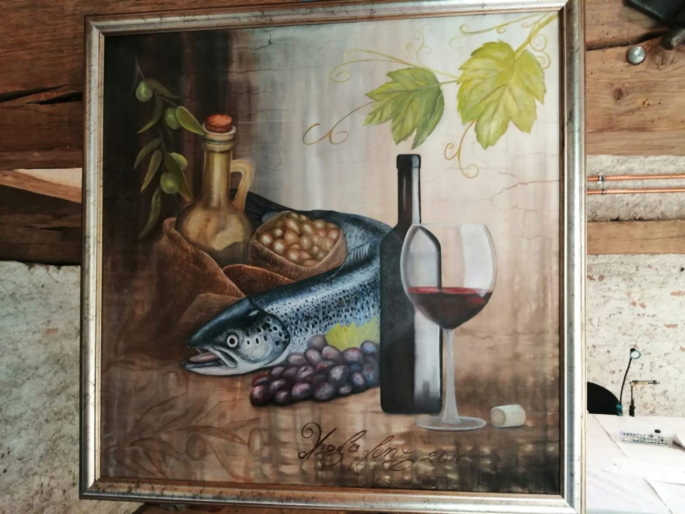 Stillleben mit Forelle und Wein